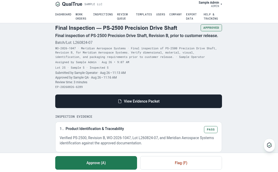 QualTrue inspection record for SAMPLE LLC: Final Inspection — PS-2500 Precision Drive Shaft, approved, with inspection evidence and traceability detail.