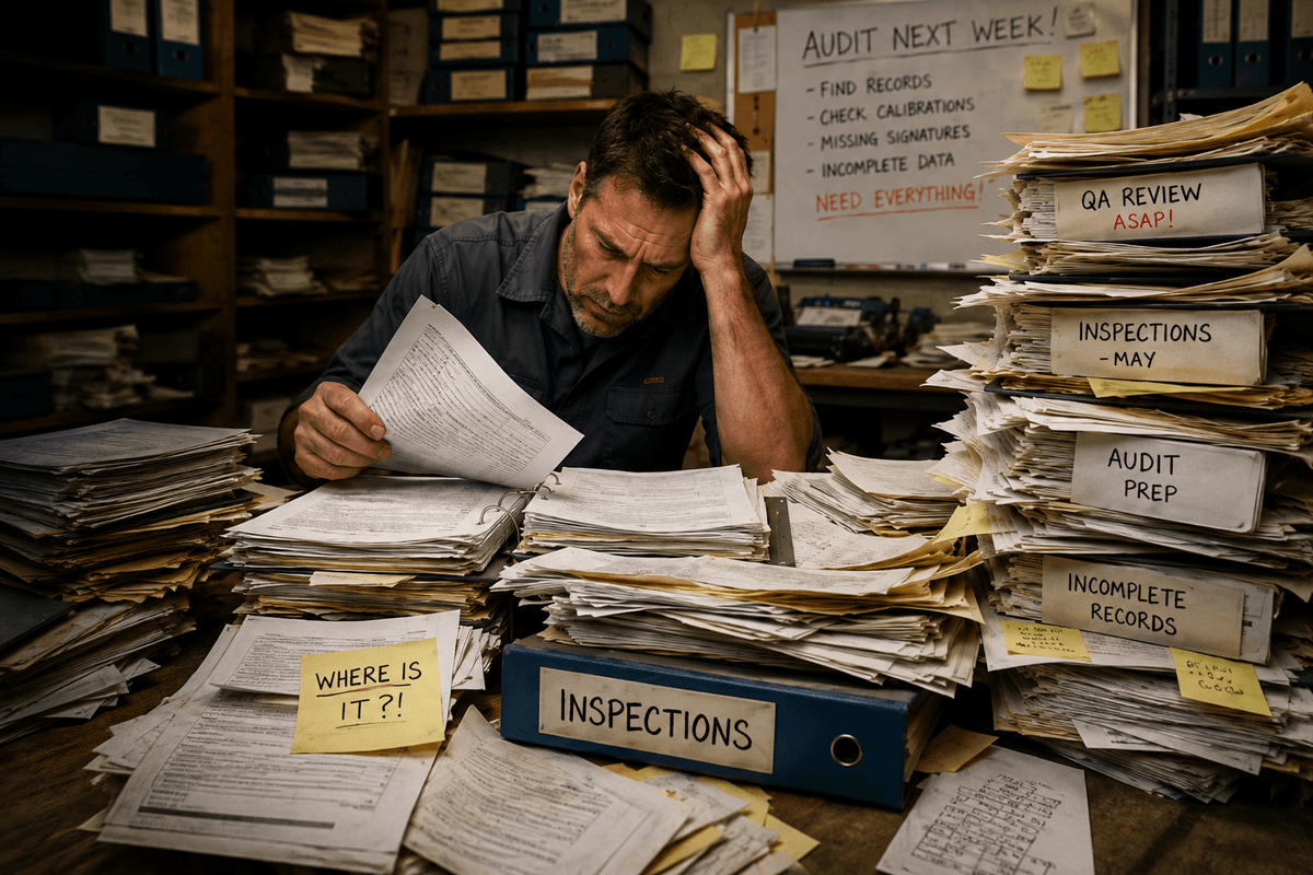 A manufacturing quality manager overwhelmed by towering stacks of inspection paperwork labeled QA Review, Audit Prep, and Incomplete Records, with a sticky note reading "Where is it?!"
