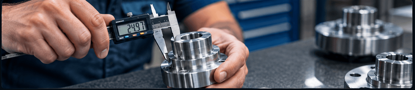 A technician using a digital caliper to measure a precision-machined metal part.