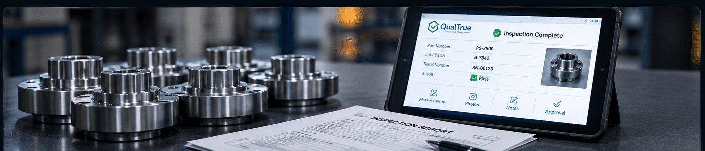 Finished parts next to a completed inspection report and a tablet showing a passed inspection record.