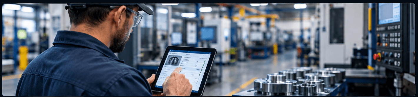 A shop-floor operator reviewing an inspection on a tablet on the production floor.